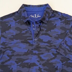 Bobby Jones Polo Mens SMALL Blue Camo Performance Golf Shirt Prairie Dunes Logo